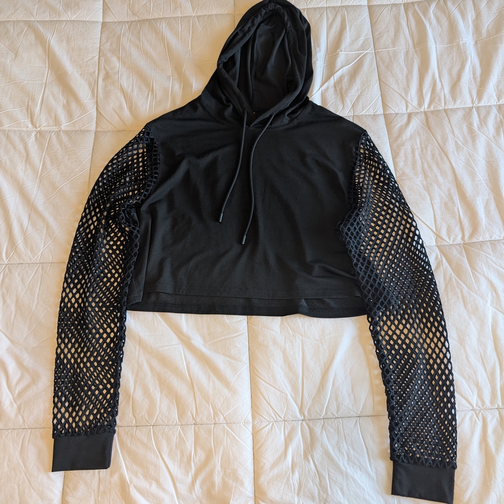 Black Mesh Sleeve Crop Hoodie